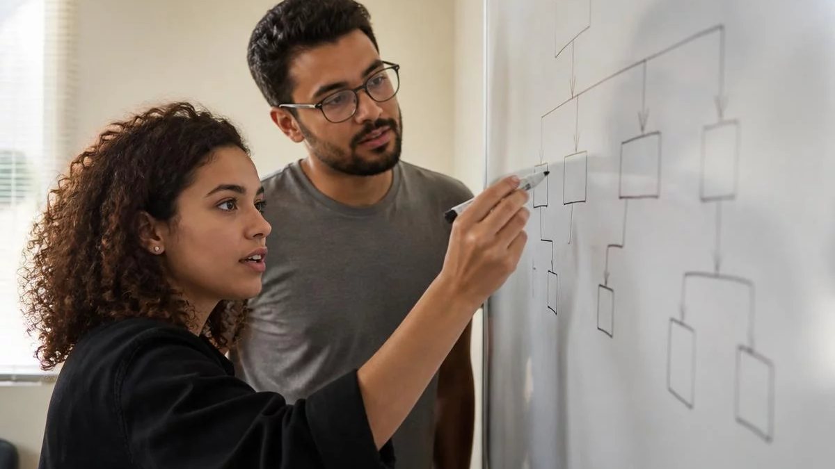 Duas participantes de pé diante do quadro branco, montando um argumento a caneta